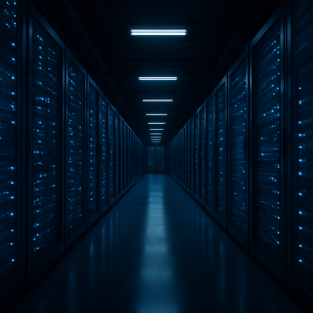 Modern data center server room with illuminated infrastructure racks